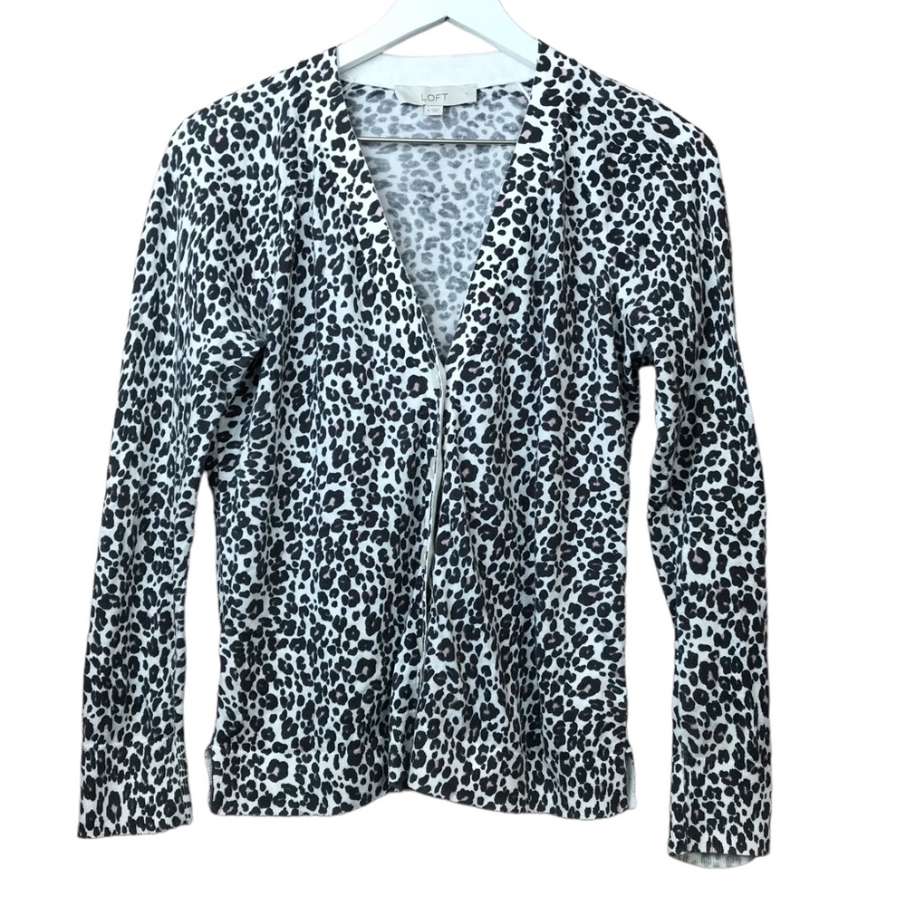 Loft White Leopard Print Cotton Button Front Cardigan Sweater Women Sz M